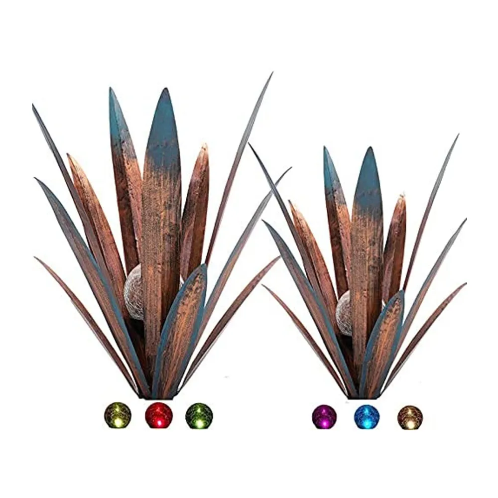 Oniya 2pcs Solar Tequila Rustic Sculpture Hand Painted Metal Agave Plant Garden Ornaments Outdoor Decor