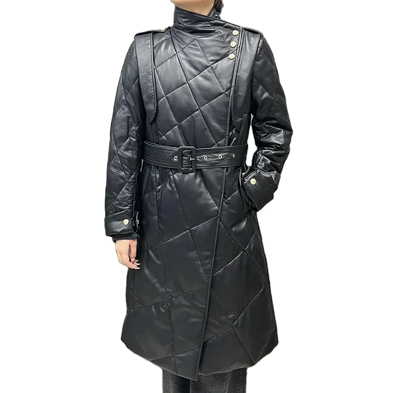 High Quality Long Sleeve Leather Goose Down Coat Genuine Sheepskin Leather Trench Coat Women with Belt