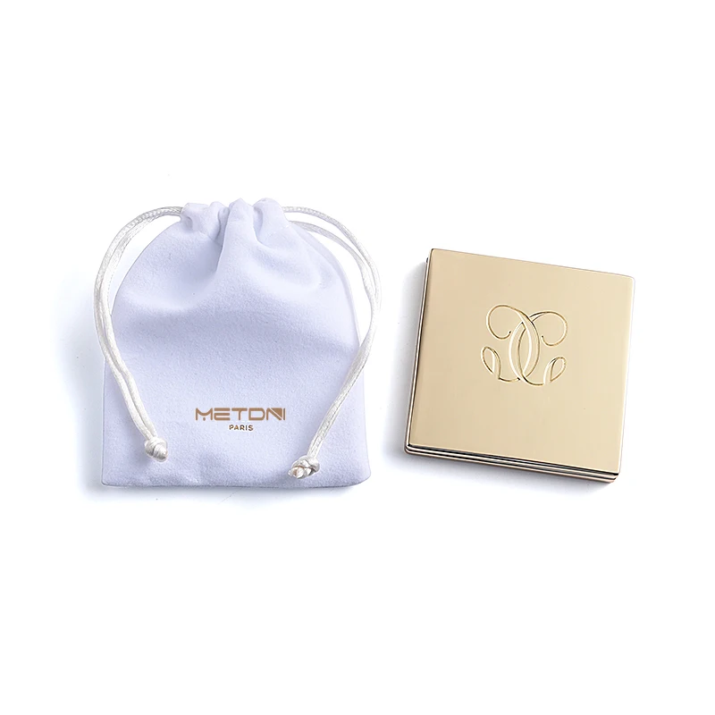 Velvet Pouch Packing Gold Plated Debossed Logo Fashion Hand Bag Cosmetic Compact Mirror