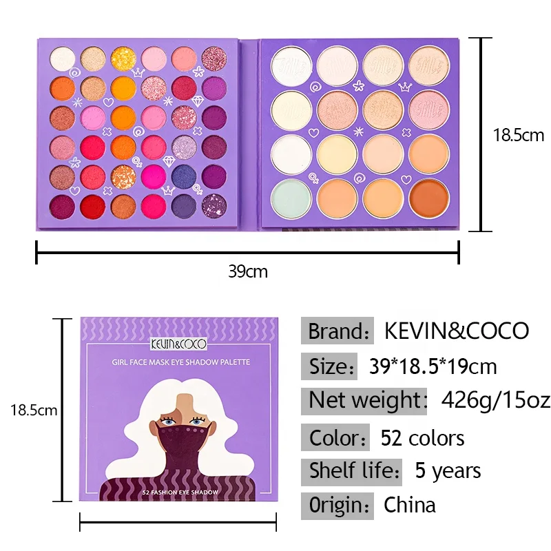 Customize Kevin&coco 52 color eyeshadow palette Cosmetics Wholesale Private Label Eyeshadow high pigment eyeshadow