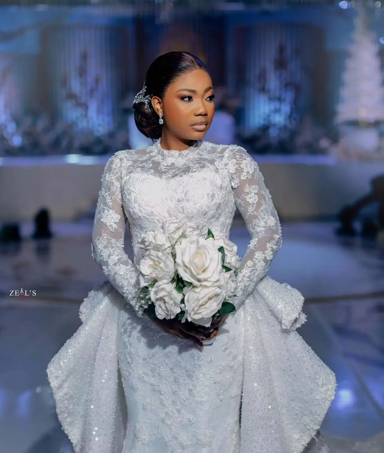Pearls Long Sleeve Wedding Dresses 2023 Two part Customized satin wedding dress bridal gowns Sheer Removable Wedding Gowns