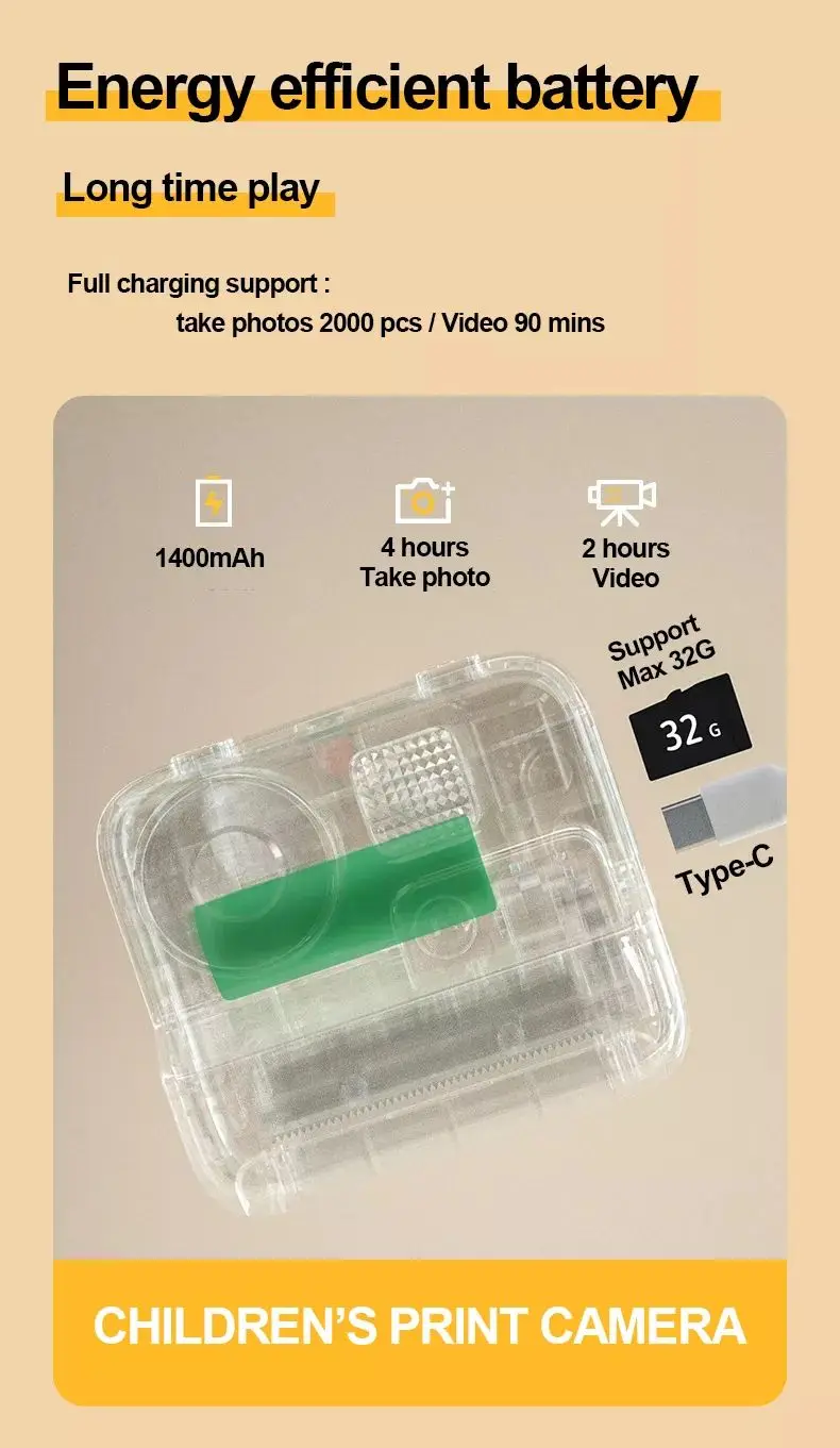 Kids Instant Print Camera For Baby Boys Girls 1080P HD Mini Camera With Thermal Photo Paper Toys Digital Camera Gifts Toys