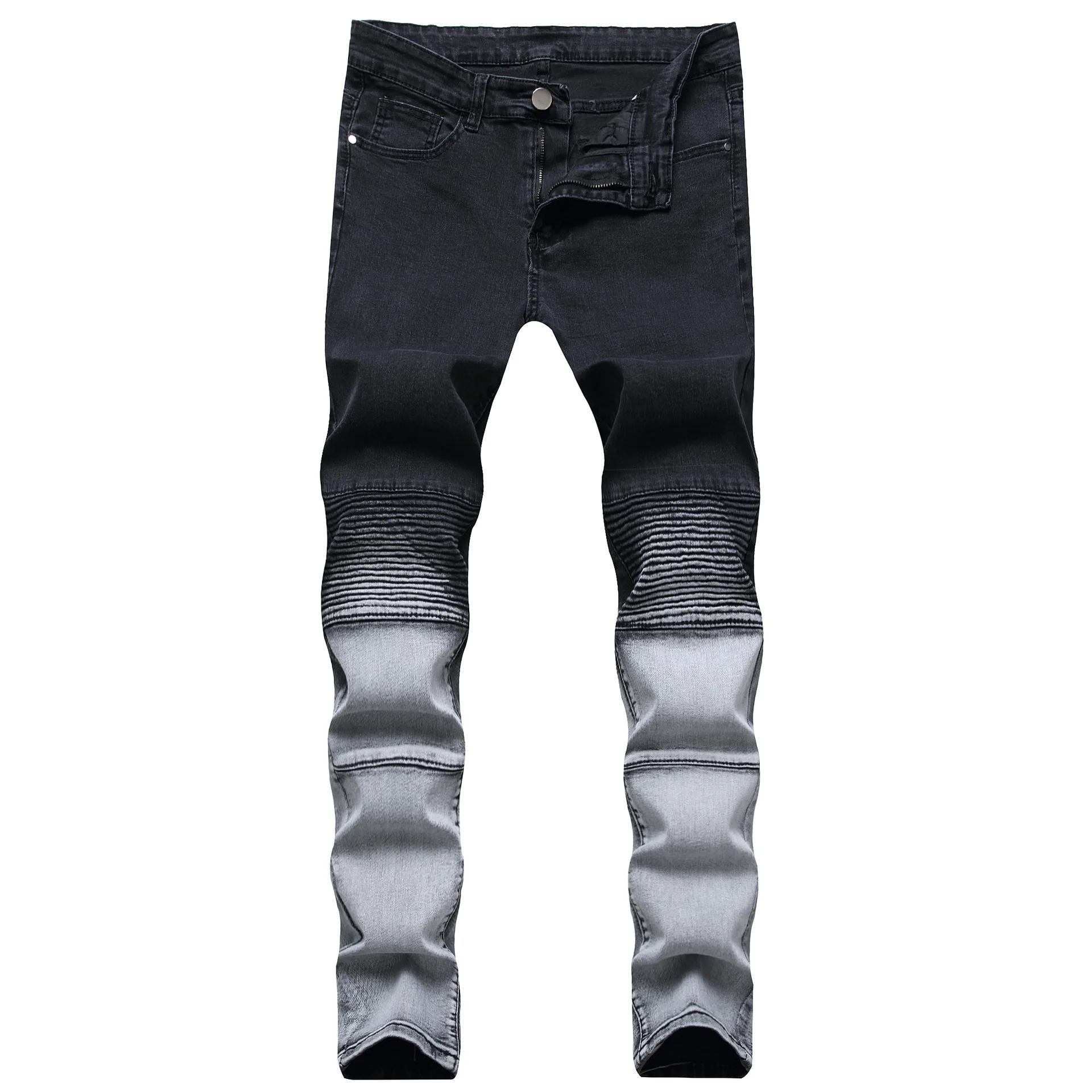 Custom pleated motorbike slim stretch plus size black washed damage jeans for men