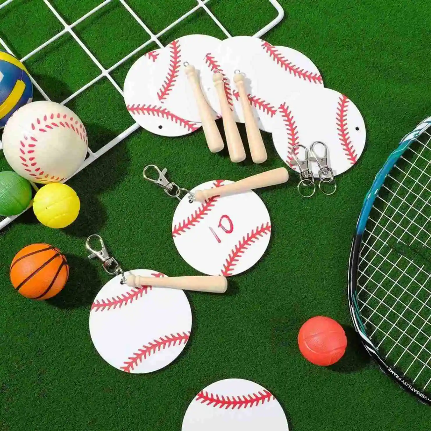Baseball Wood Bat for DIY Sports Party Baseball Key Chains 12 Set Baseball Softball Blanks Acrylic Keychain Kit with Miniature