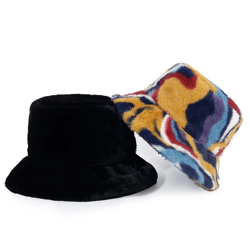 Fashion Faux Fur Warm Bucket Hat Fluffy Fuzzy Plush Fisherman Cap for Winter