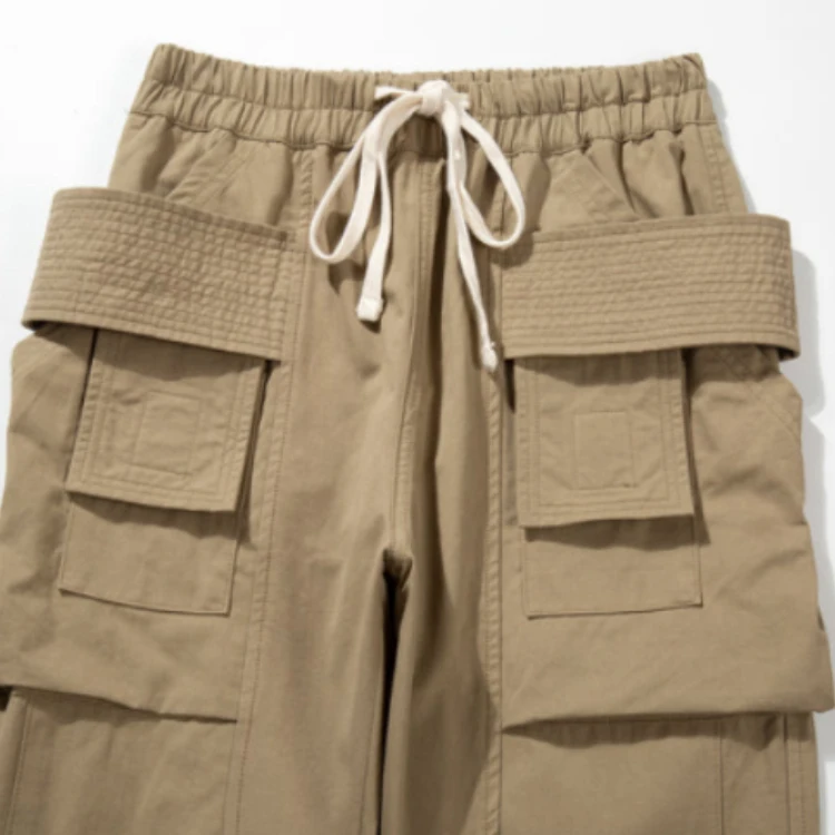 Fashion Nylon Men Streetwear Casual Drawstring Wide Leg Stock Multi Pockets Cargo Pants