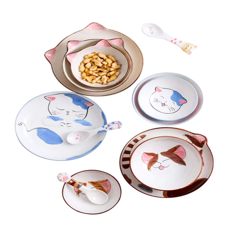 Dinnerware Set 4-pieces for 2 People buffet Rice Bowl Cartoon Cat Style Ceramic Cutlery Tableware Cute and Creative Noodle