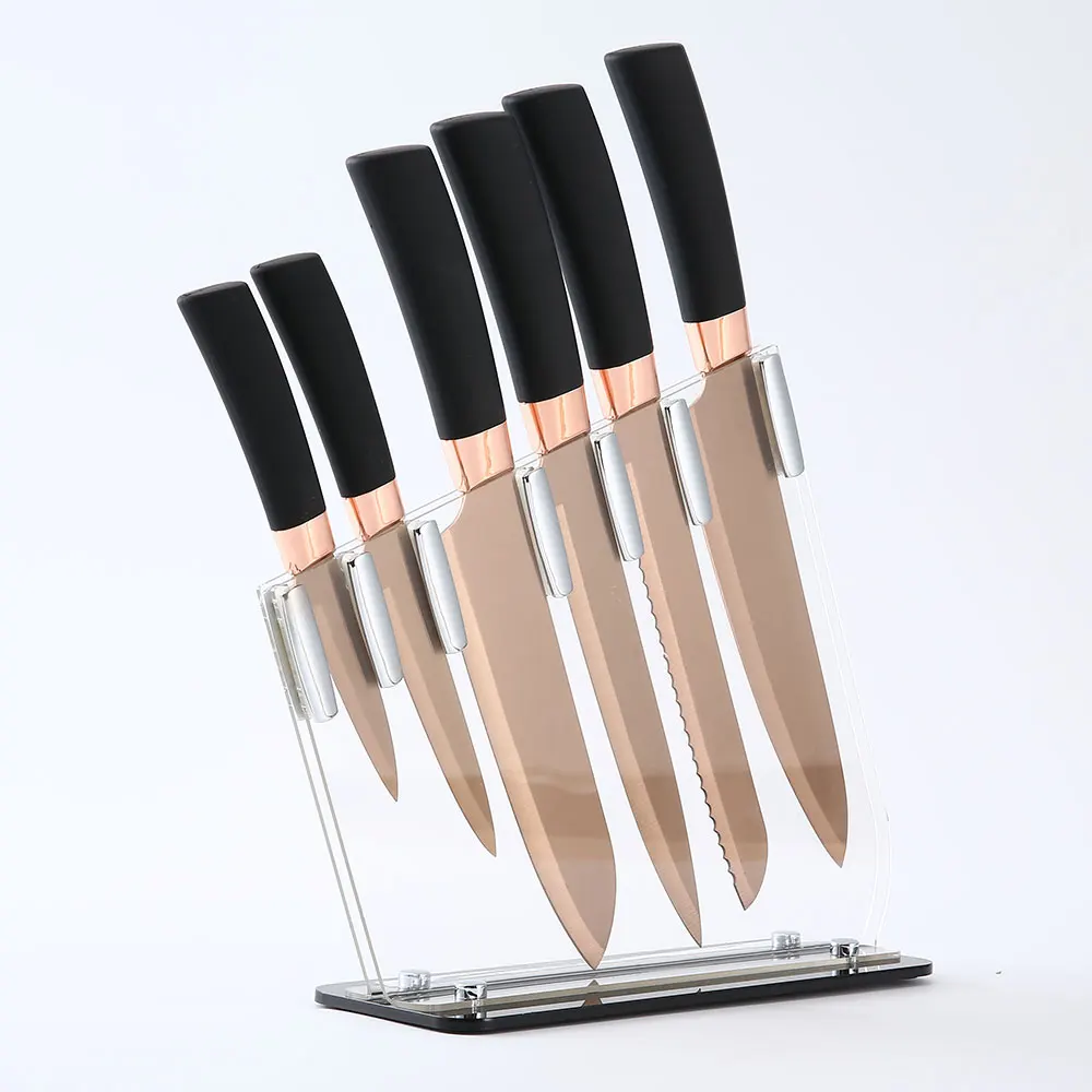 Factory Supply 6-Piece Rose Gold Titanium Coating Forged Knife Set Classic Design with PP Handle Sharp Cutting Kitchen Knife Set