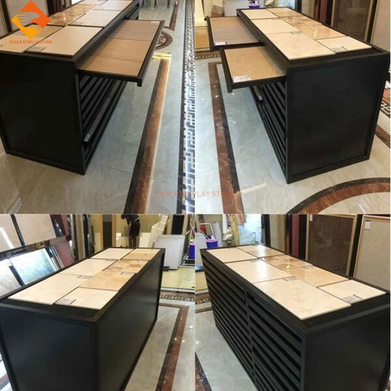 Showroom sliding display case stone tile display rack laminate flooring display drawer with rug covers