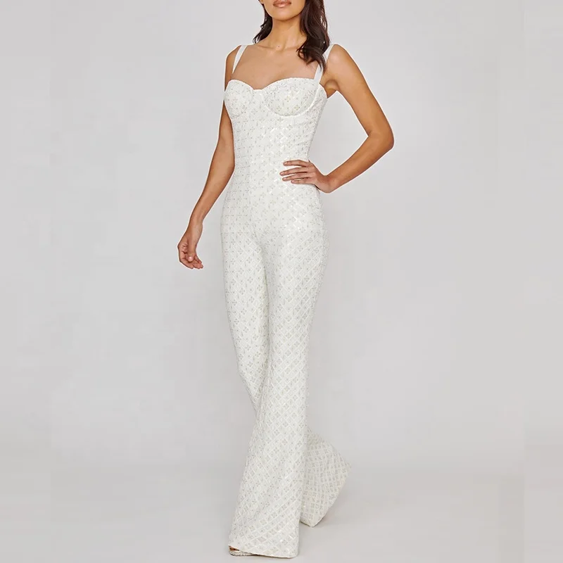 Fitted Jumpsuit with Flared Trousers Structured/corseted Style Metal Boning Underwire Bra Cup White Velvet Sequin
