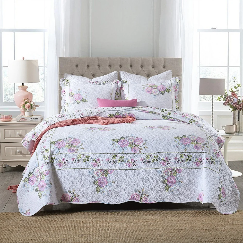 
Luxury Pure Cotton 3 Pieces Rose Printed Bedding Flowers Quilts Bed Cover Sets king size quilted Bedspread  (1600207957647)