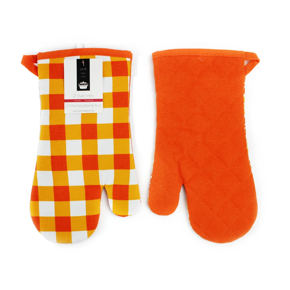 
Blue Orange Green Check Print Canvas Poly Cotton Cheap Custom Microwave Glove Oven Mitt 