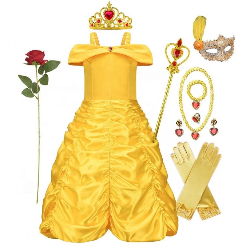 Girls Belle Princess Dress Kids Summer Cosplay Costume Beauty and the Beast Clothing with Stick Crown Birthday Party Gift 2pcs