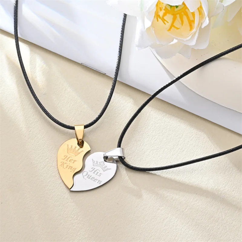 Valentine Leather Rope Key to My Heart Pendant Necklace Gold Stainless Steel Best Friends 2 in 1 Half Heart Necklace for Couples