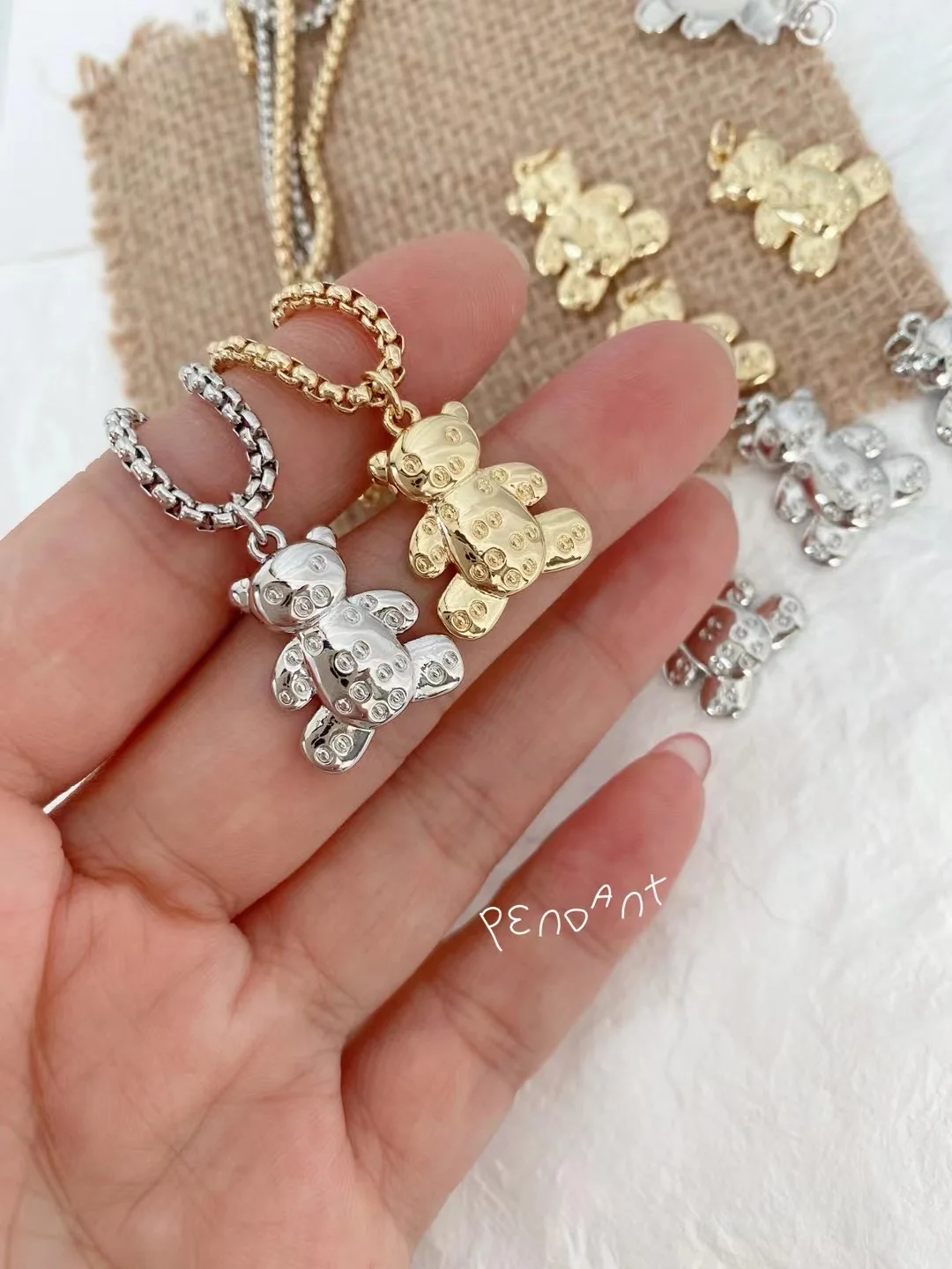 Brass Gold Plated Bling Diamond Crystal Heart Bear Necklace