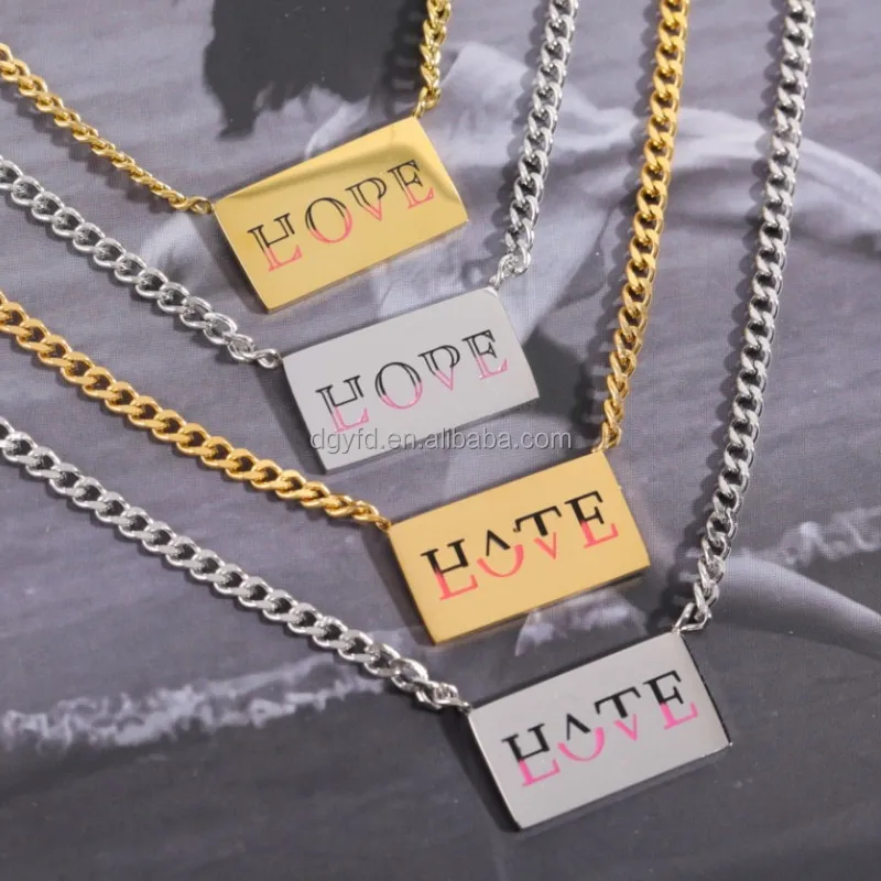 Custom Engraved Horizontal Bar Pendant Necklace Wholesale 316L Stainless Steel LOVE HATE LOVE HOPE Curb Chain Necklace Jewelry