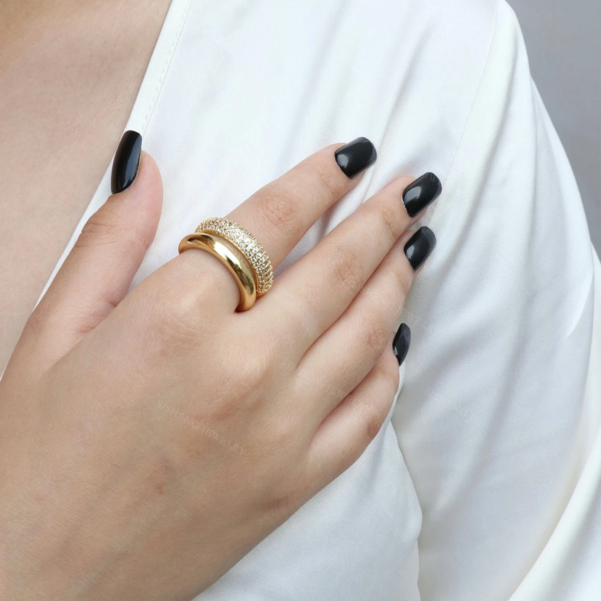 Open Cuff Double Raw Pave CZ Ring 925 Sterling Silver Women Gold Plated Jewelry Jewellery