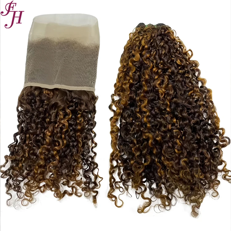 FH Wholesale P4/27 Colored 13x4 Lace Frontal Pissy Curl Hair Unprocessed Natural  Virgin Human Hair Bundles