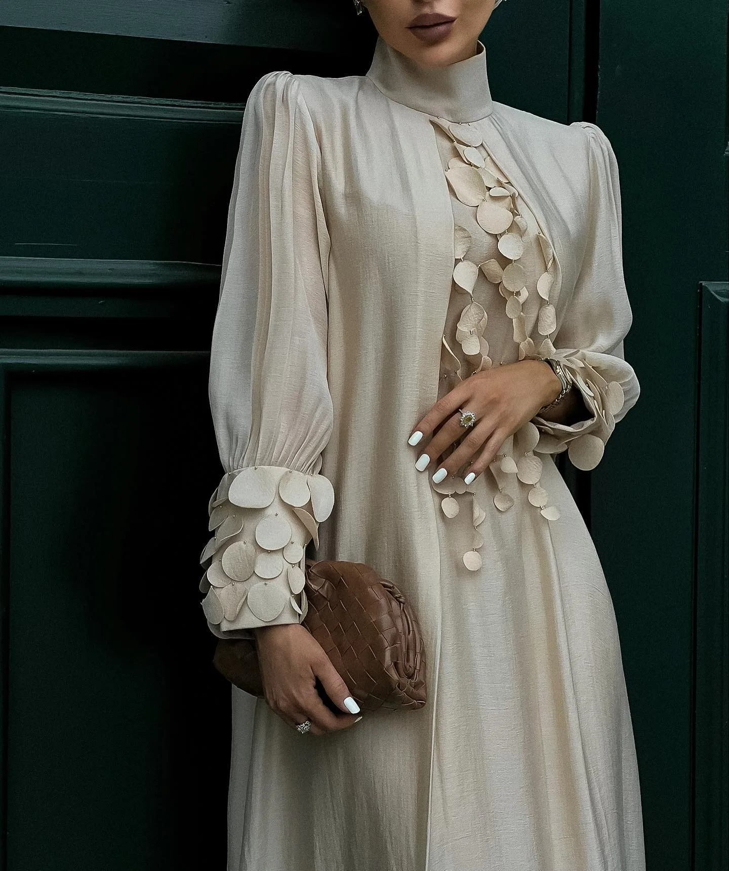 2024 Daily abaya elegant apricot specially handwork designed hand sleeve women Muslim turtleneck open dress women jalabiya dress