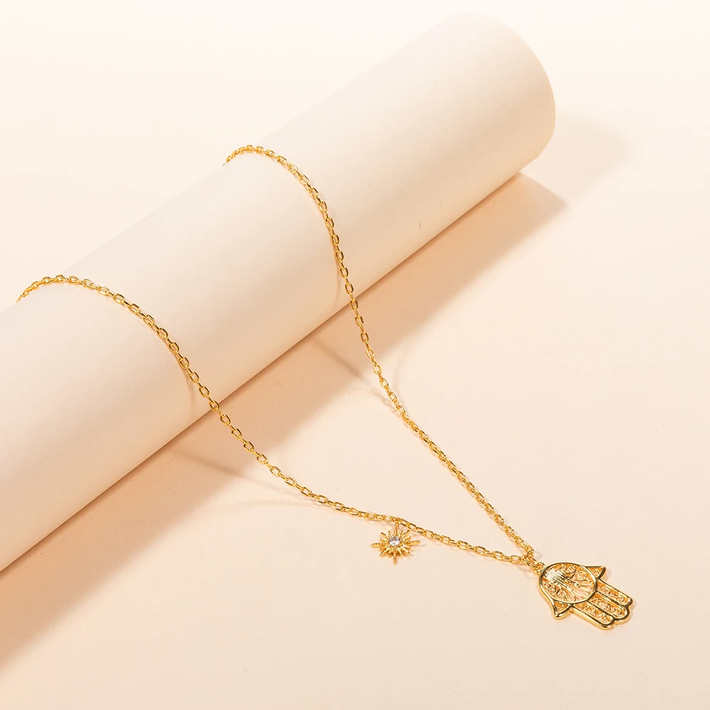 14k gold jewelry wholesale brass chain hamsa sunburst  pendant delicate real karat plating necklace jewelry for women
