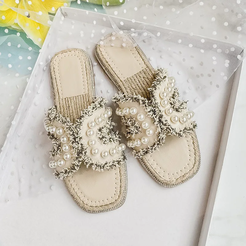 Pearl Casual Designer Soft And Shiny Fashion Rhinestone Chains Sandals Comfort Light Weight H Beach Flat Slides Slippers