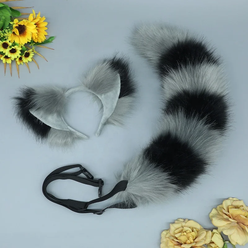 Animal Ears KC Headdress Halloween Raccoon Cosplay Costume Accessories Fox Fur Ears Headband and Tail 2PC Set for Women