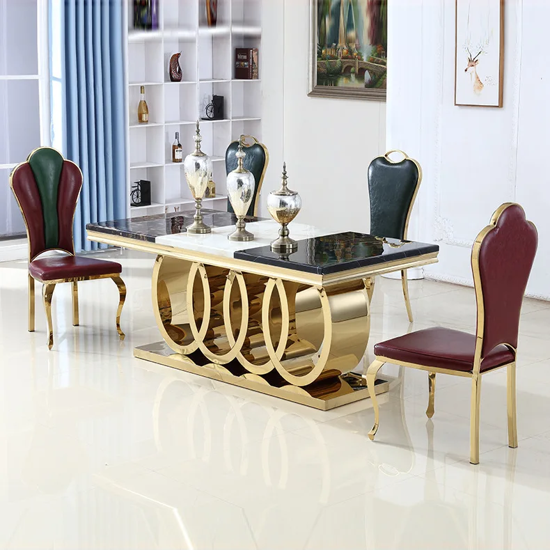 Marble Top Stone Luxury Italian Dining Table Set For 8 Seater with Chair Modern Kitchen White And Gold Dining Table Set