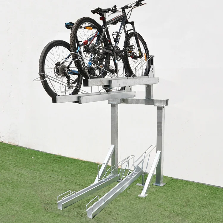 Adjustable Galvanized Steel Cycling Stand 4 Road Bike Stand 2 Tier Bicycle Parking With Ramp Vertical Lift Stand Rack