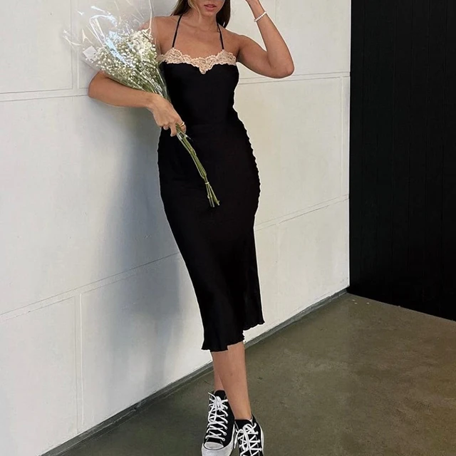 OEM 2022 Custom 100% Polyester Women Slip Dress Black Lace Trim Adjustable Crossover Shoulder Straps Casual Midi Dresses