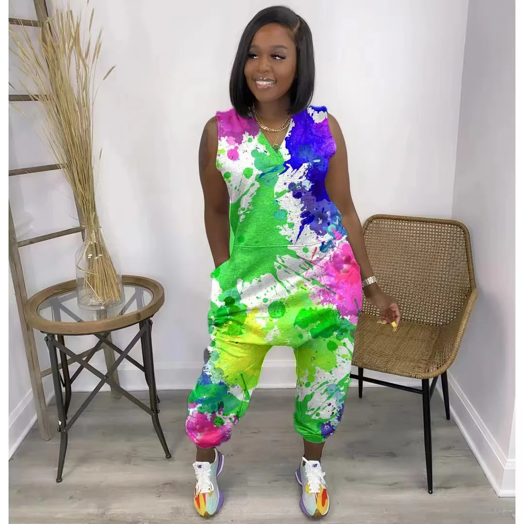 2024 Новый комбинезон с галстуком окрашенные боди для женщин летние цельные комбинезоны йоги фитнеса Большие размеры без рукавов принтом
