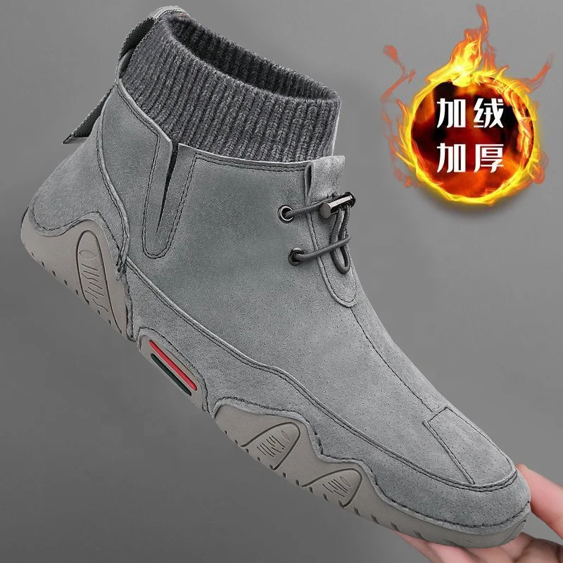Leather Men Boots Winter  Warm Snow Boots Men Winter Casual Shoes Sneakers High Top Western Ankle Boots genuine leather shoes