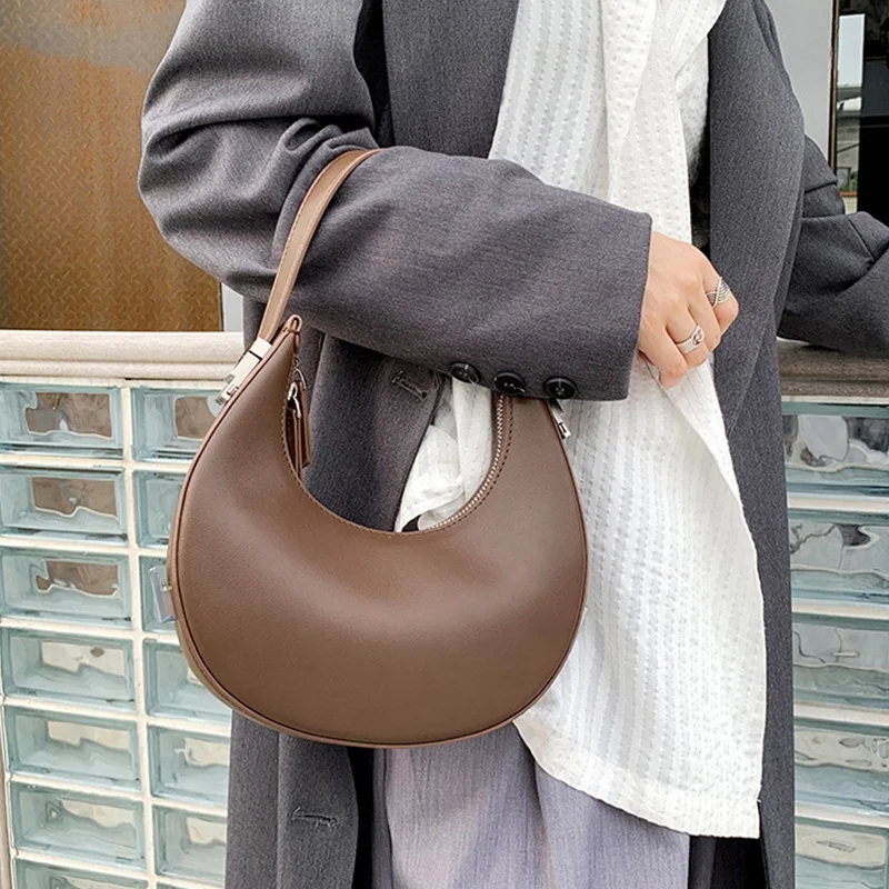 High Quality Vintage Casual Solid Messenger Woman Hobo Half Moon Genuine Leather Handbags