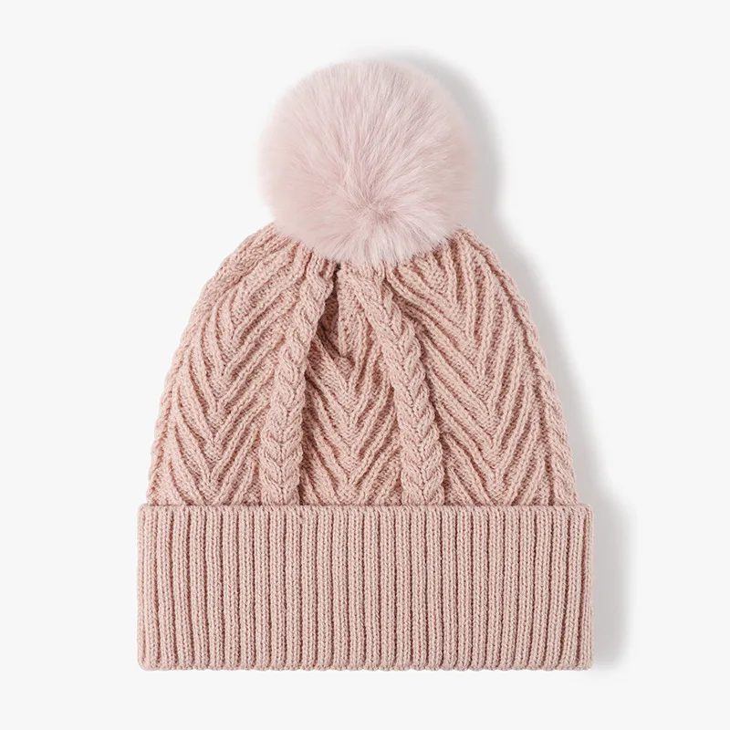 Winter Hat Manufacturer Wholesale Women Warm Winter Cuffled Pom Beanie Knitted Jacquard Braid Beanie Custom Your Brand Logo