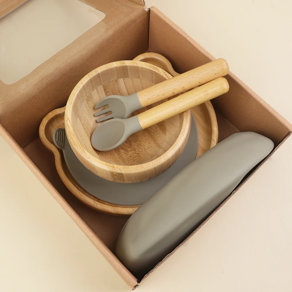 New Product idea 2025 Animal Shape Bamboo Kids Sution Plates Silicone Bib Kids Baby Bamboo Baby Plate Tableware Dishes Plate Set