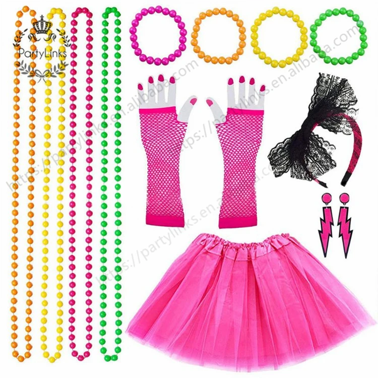 Women 80s Fancy Dress Accessories Retro Party Costume Set Adult Tutu Skirt Neon Fishnet Gloves Beaded Necklace Bracelet Earrings