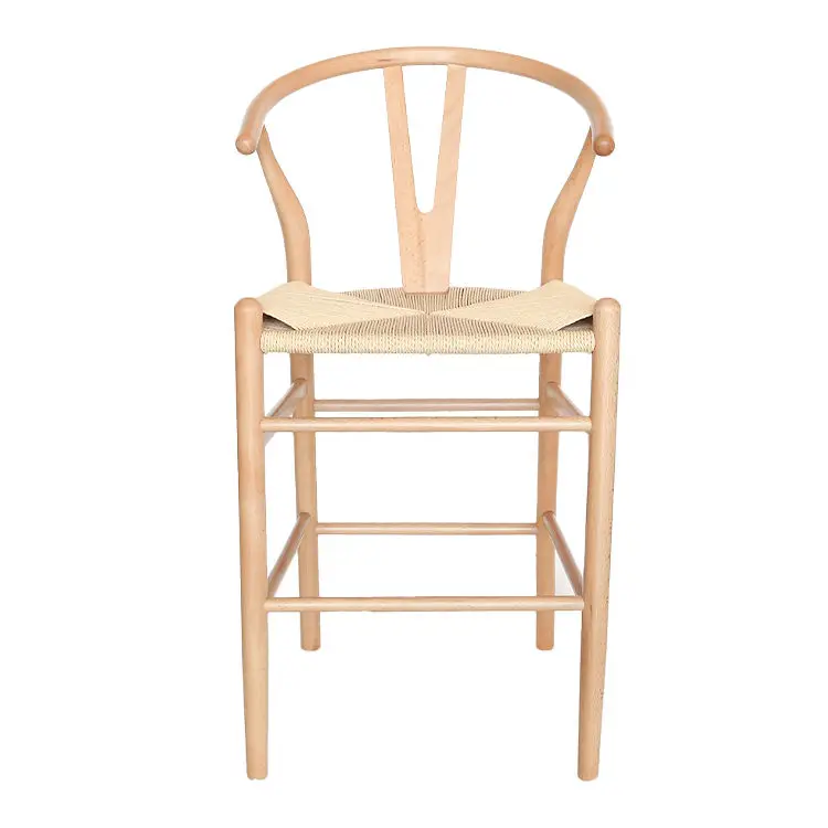 Wholesale high quality Factory Rope Woven Seat Brown Wooden Wishbone Bar Stools Dining Bar High Chair With Arms