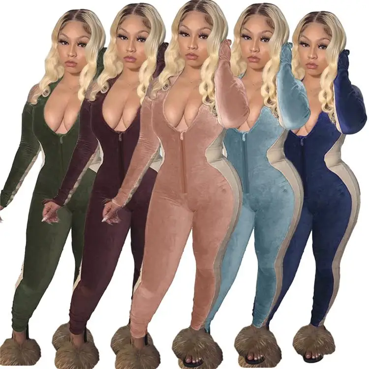 Winter clothes for women neck splice sexy bodycon backless one piece jumpsuits with zipper new arrivals 2021