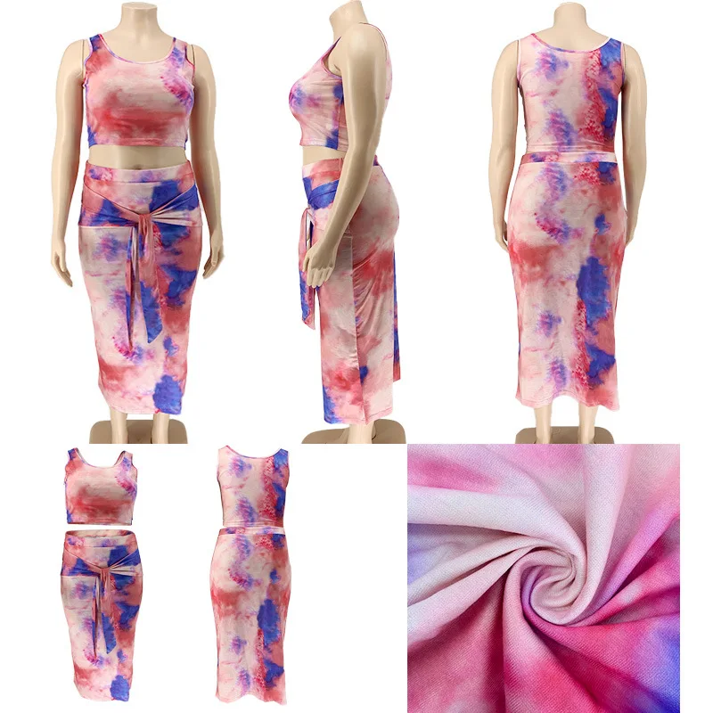 Women Plus Size Boob Tube Sexy Top Dress Hip Lifting Tie-dye Color Two Piece Set Outfits Women Long Maxi Dress