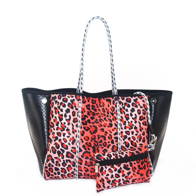 2024 Hot Selling Travel Summer Large Neoprene Beach Tote with Phone Wallet Set Perforated Women Beach Bag Neoprene Tote Bag