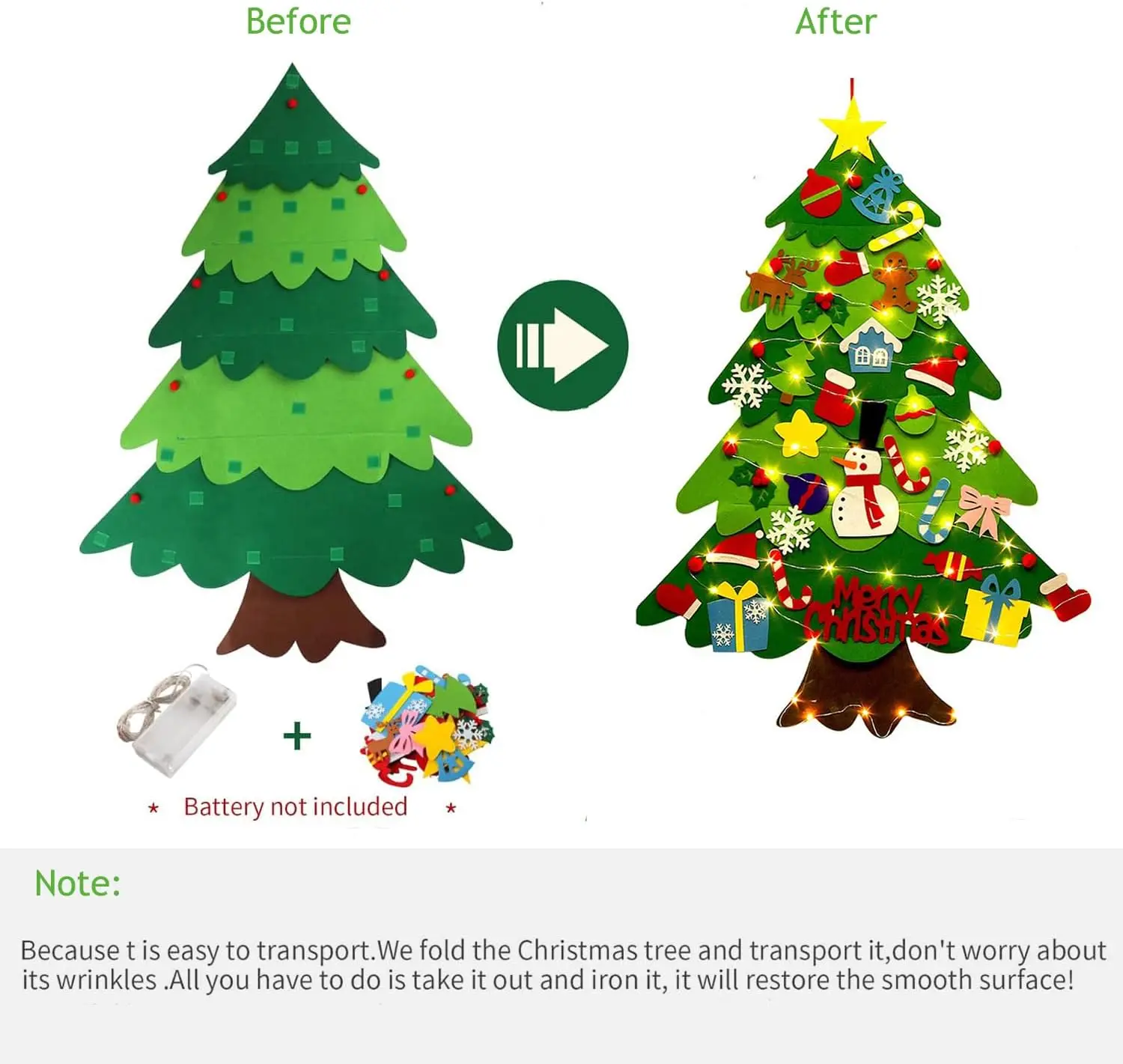 32PCS Detachable Ornaments Felt Christmas Tree Set for Toddlers Kids  with 3m 5m  Led String Light for Xmas Home Decoration