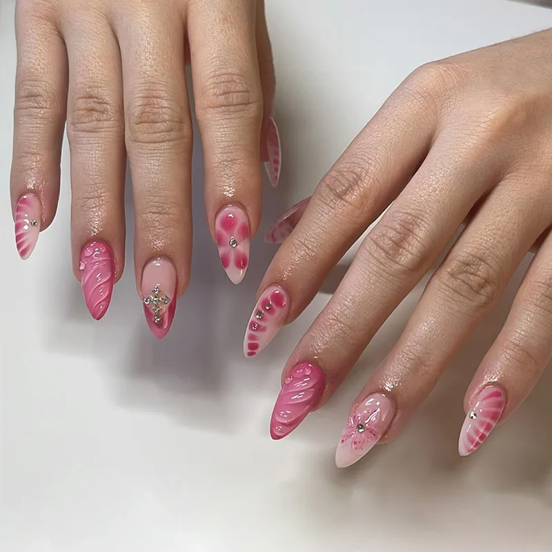 Wholesale Price Luxury Almond Purple Gold Lines Press On Nails 24 Piece False Artificial Fingernail Private Label Fake Nails