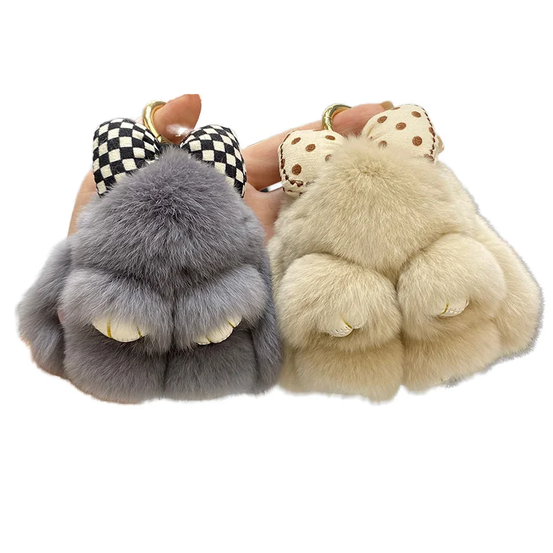 Xinxing Hair Bow Rabbit Fur Keychain Cute Fluffy Pompoms Bunny Keychain Bag Charm Alloy Ring Plush Rabbit Key Ring Jewelry Gift