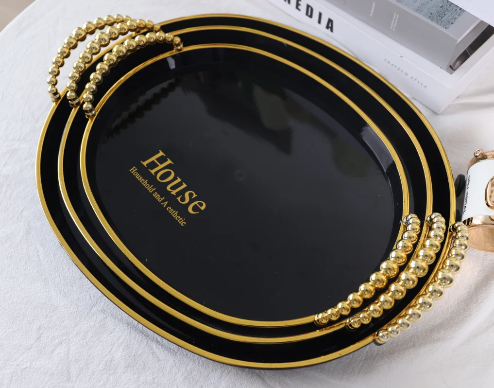 Food Grade 3PCS Plastic Tray Set Round Luxury Black Green Fruit Snack Ramadan Tray With Handle For Bar Home Party