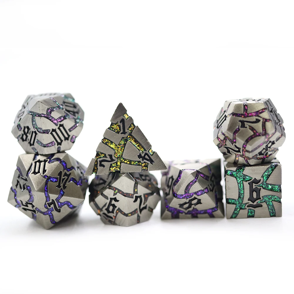 Polyhedral Dice Starry Green Blue Colorful Mica Glitter Sharp Edge Cracked Dice Set With Black Number For Dnd Board Game