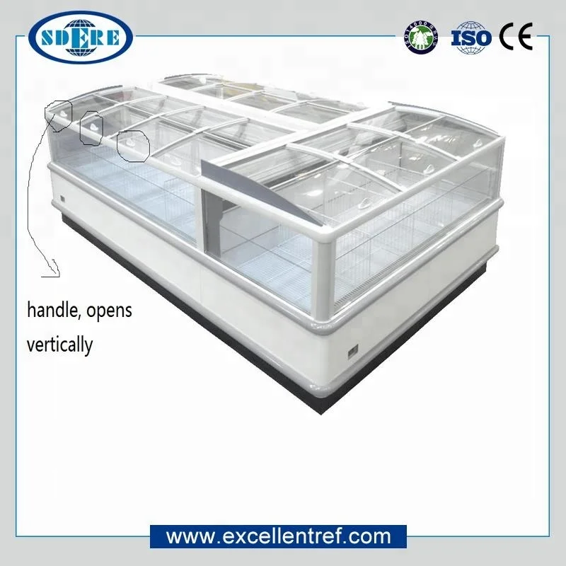 New Style Factory Directly Frozen Foods Fish Deep Chest Island Freezer Showcase Island Chiller with side glass window