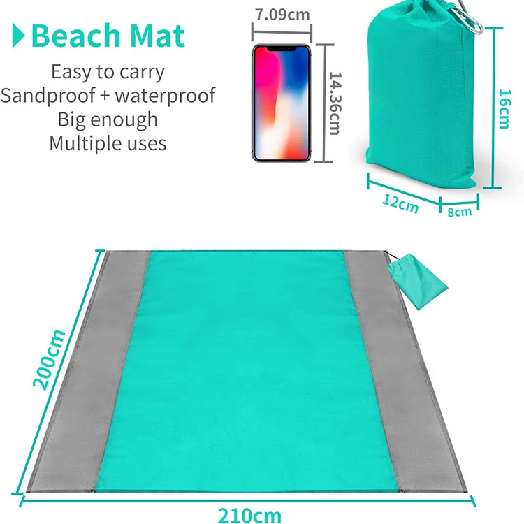 Outdoor Portable Mini Lightweight Waterproof Nylon Sand Free Beach Mat Folding Sand Proof Custom Beach Blanket With Pocket LOGO