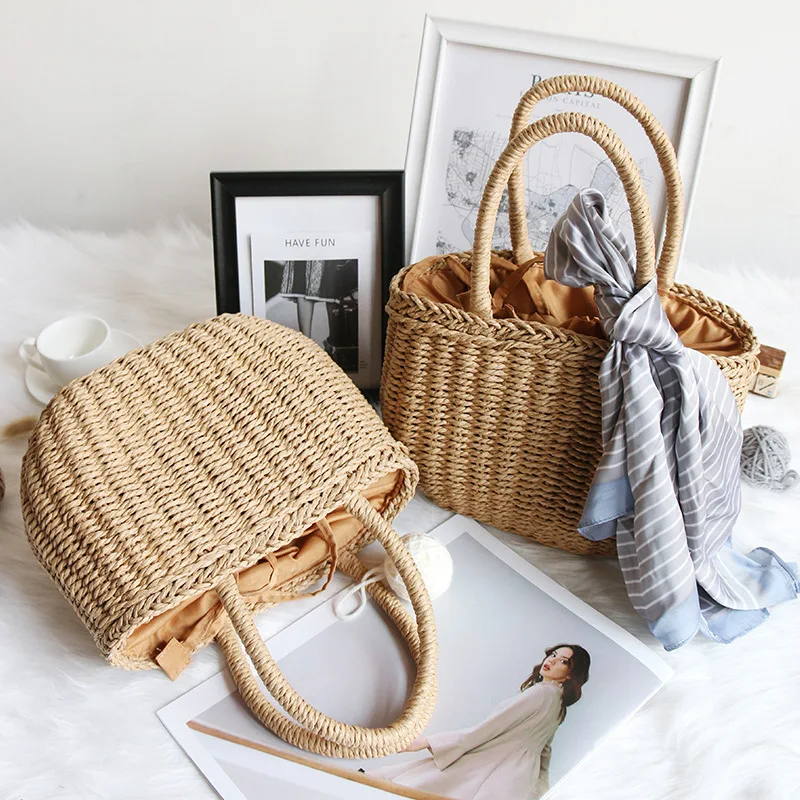 Rattan Wicker Straw Tote Bag Wicker Round Beach Bag Thailand Straw Bags with Drawstring