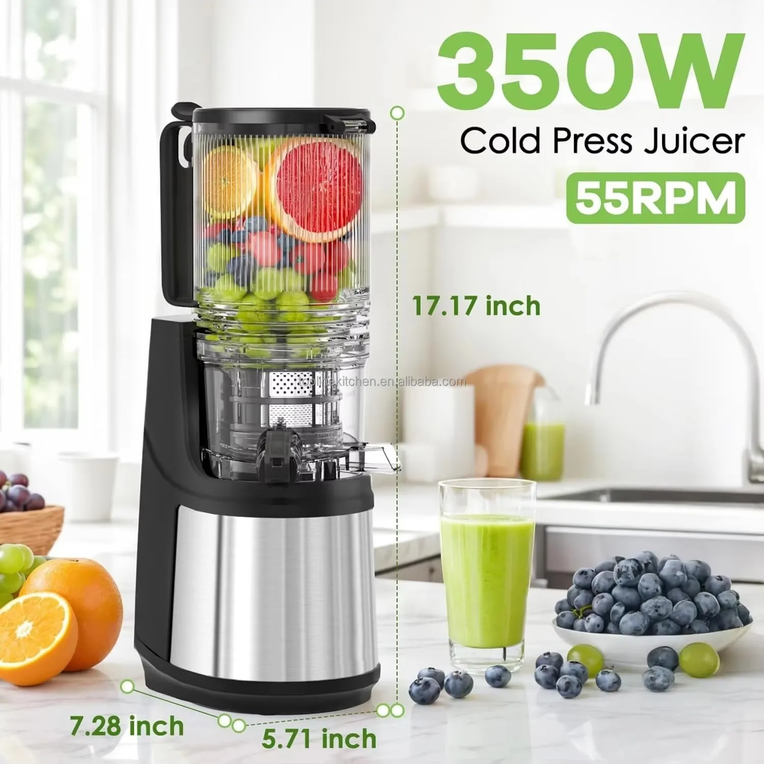 Masticating Juicer 350W Slow Cold Press Juicer with Extra-Large Feeding Chute Juicer Machines for Whole Fruits and Vegetables