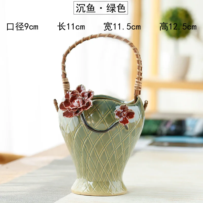 Flower Basket Rattan Hand-held Succulent Flowerpot Ceramic Green Plant Pot Indoor Decor Planter Container Pottery Basin