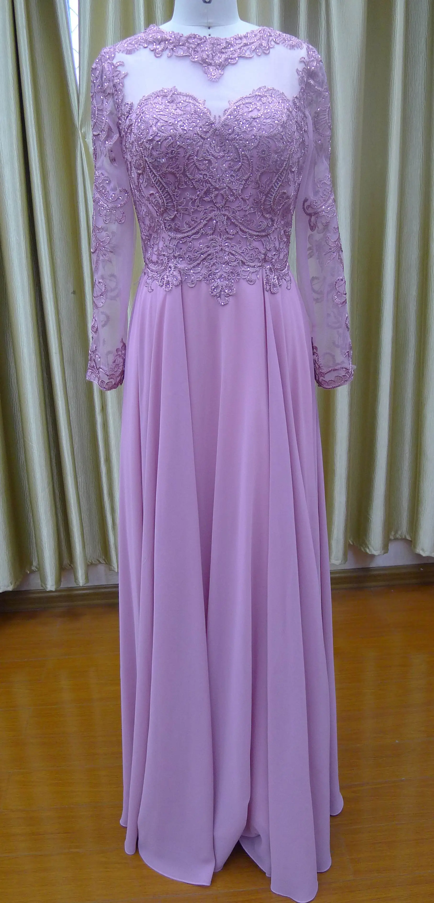 Lilac champagne mauve lace embroidered A-line chiffon Mother of The Bride Dresses with sleeves
